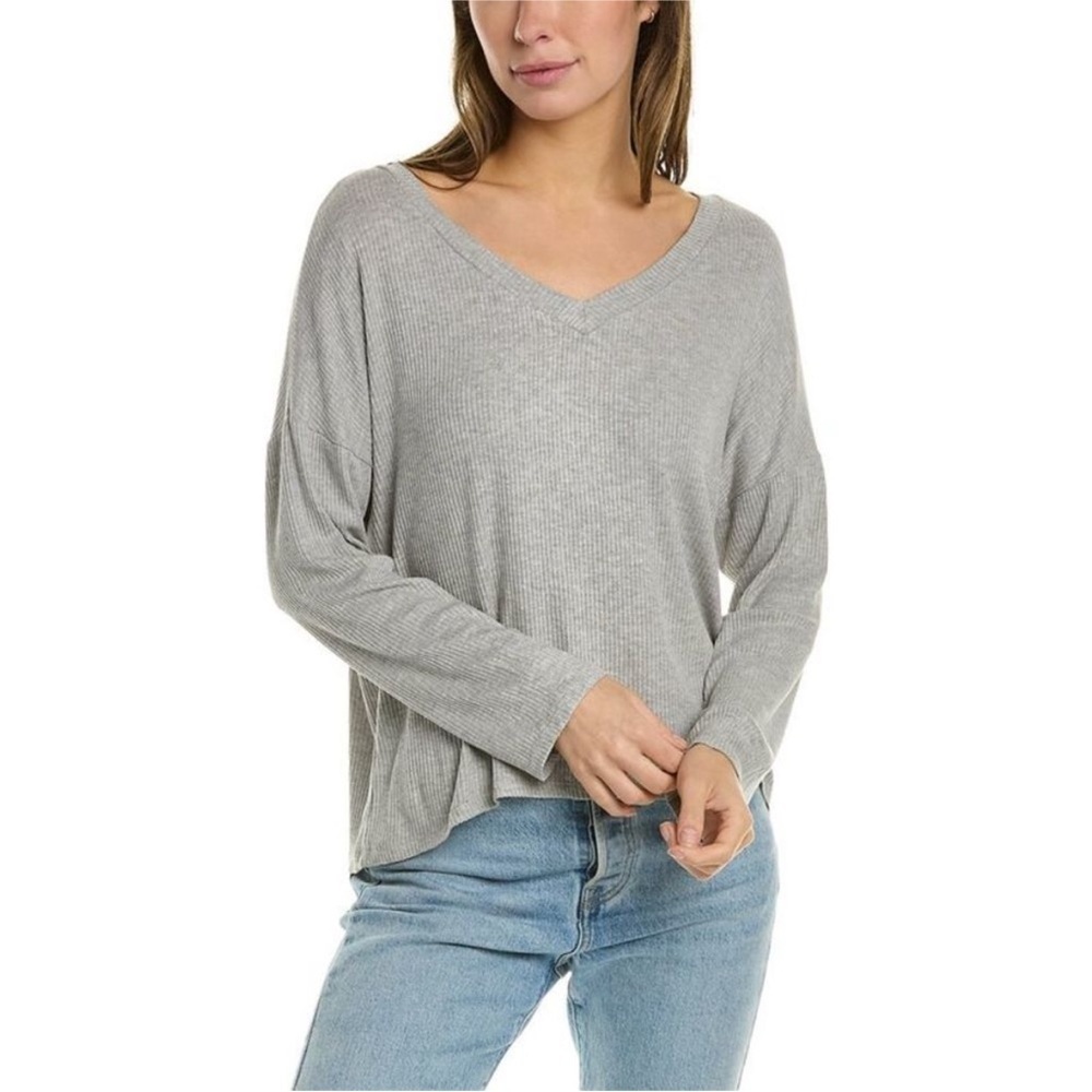 Eberjey Elon The V-Neck Gray Ribbed Pullover Medium